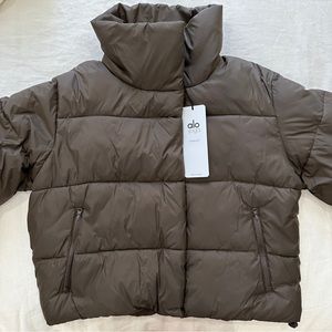 alo yoga gold rusher puffer jacket in espresso